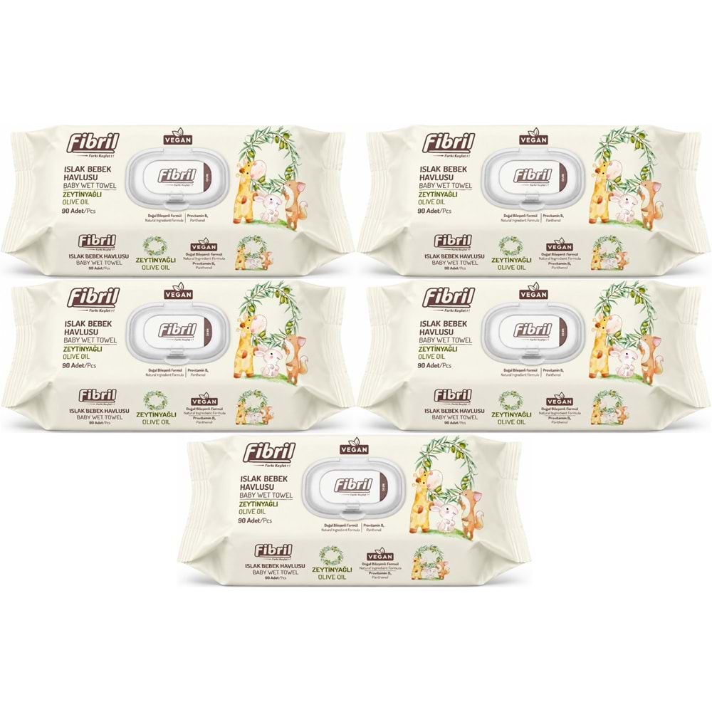 Fibril Islak Havlu Bebek Mendil 90 Yaprak Zeytinyağlı Plastik Kapaklı (5 Li Set) 450 Yaprak