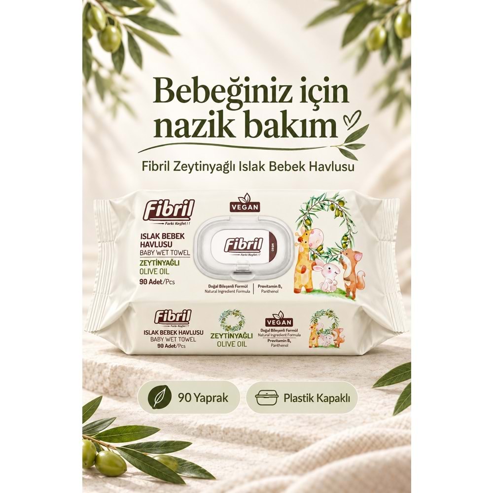 Fibril Islak Havlu Bebek Mendil 90 Yaprak Zeytinyağlı Plastik Kapaklı (5 Li Set) 450 Yaprak