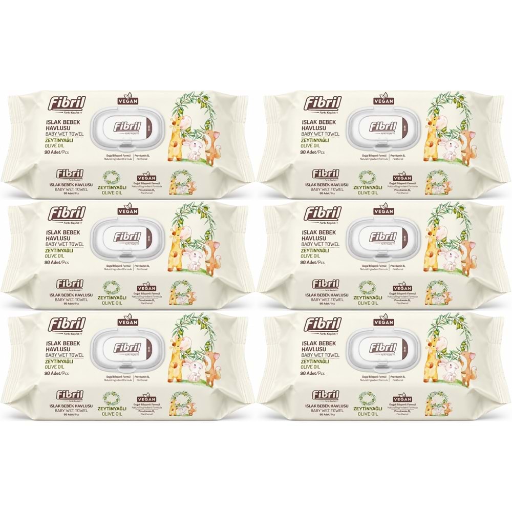 Fibril Islak Havlu Bebek Mendil 90 Yaprak Zeytinyağlı Plastik Kapaklı (6 Lı Set) 540 Yaprak