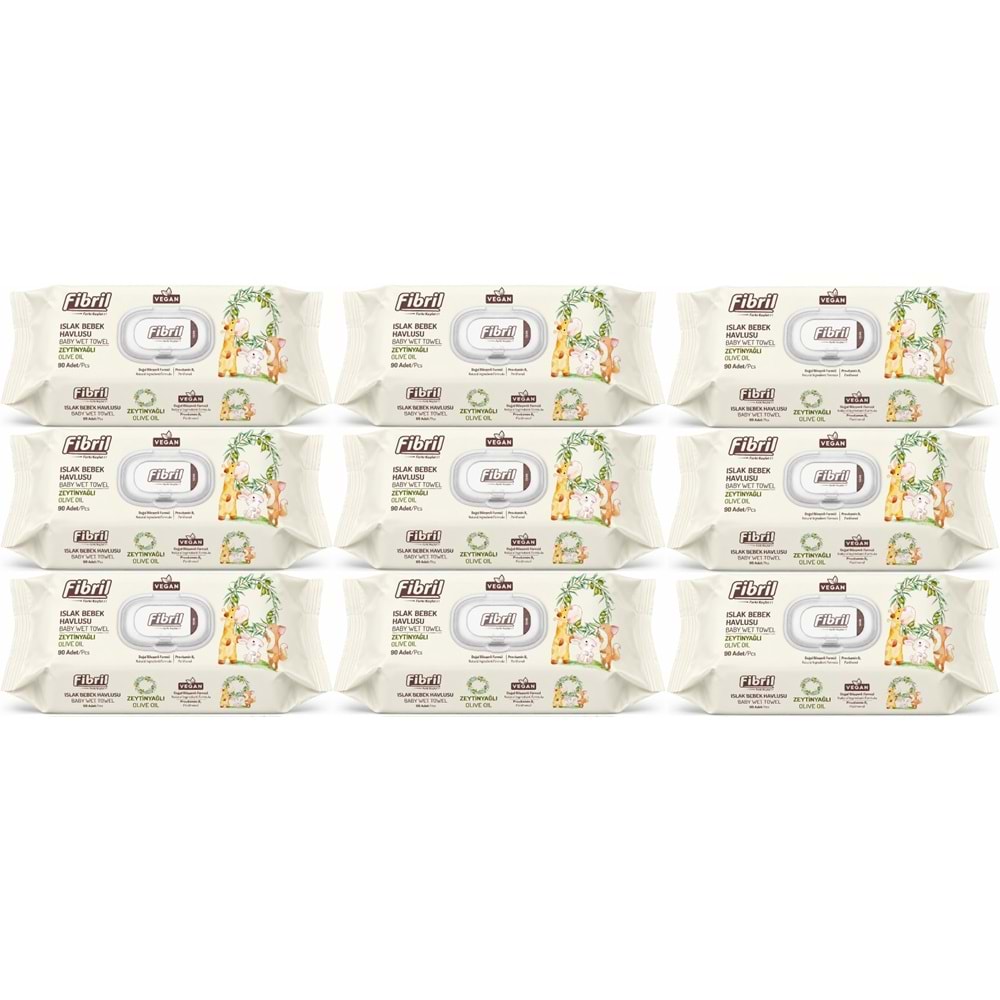 Fibril Islak Havlu Bebek Mendil 90 Yaprak Zeytinyağlı Plastik Kapaklı (9 Lu Set) 810 Yaprak