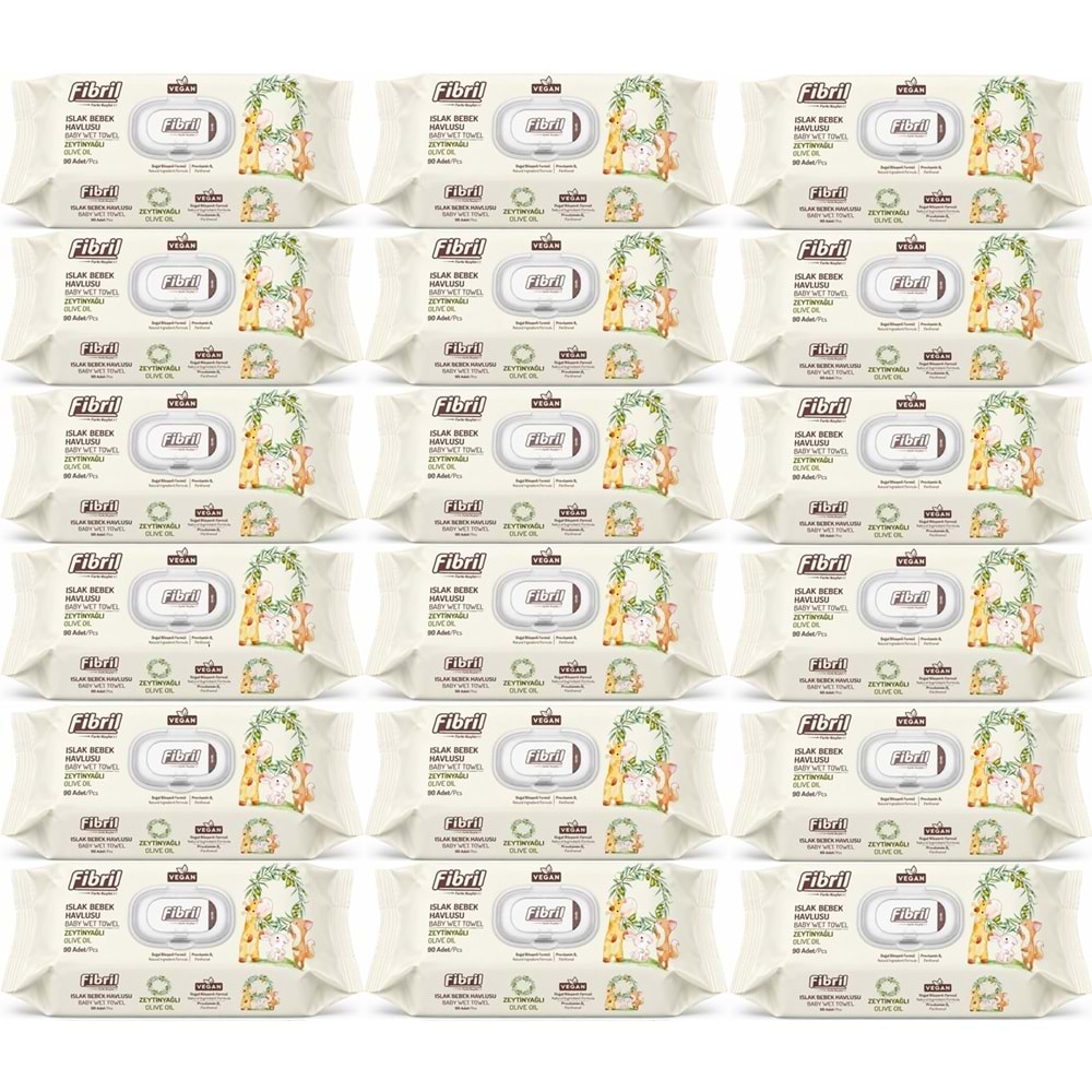 Fibril Islak Havlu Bebek Mendil 90 Yaprak Zeytinyağlı Plastik Kapaklı (18 Li Set) 1620 Yaprak