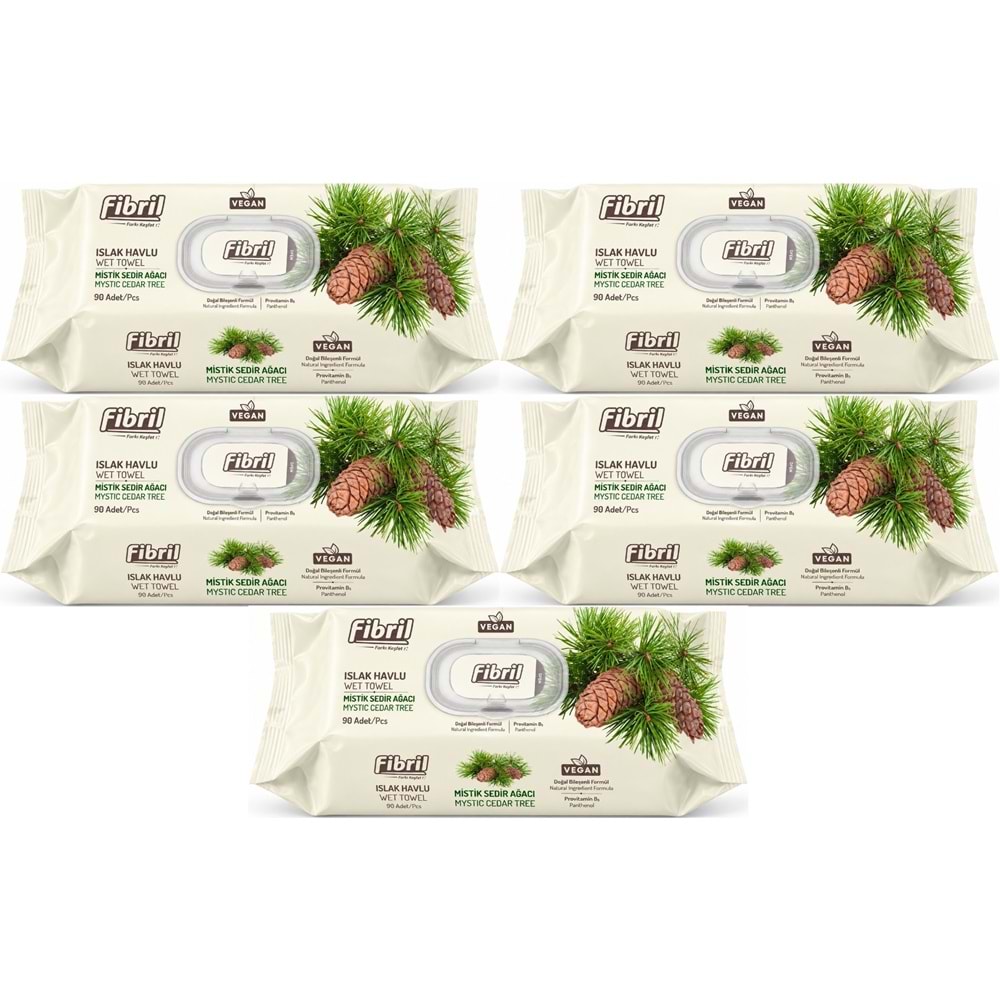 Fibril Islak Havlu Mendil 90 Yaprak Mistik Sedir Ağacı Plastik Kapaklı (5 Li Set) 450 Yaprak