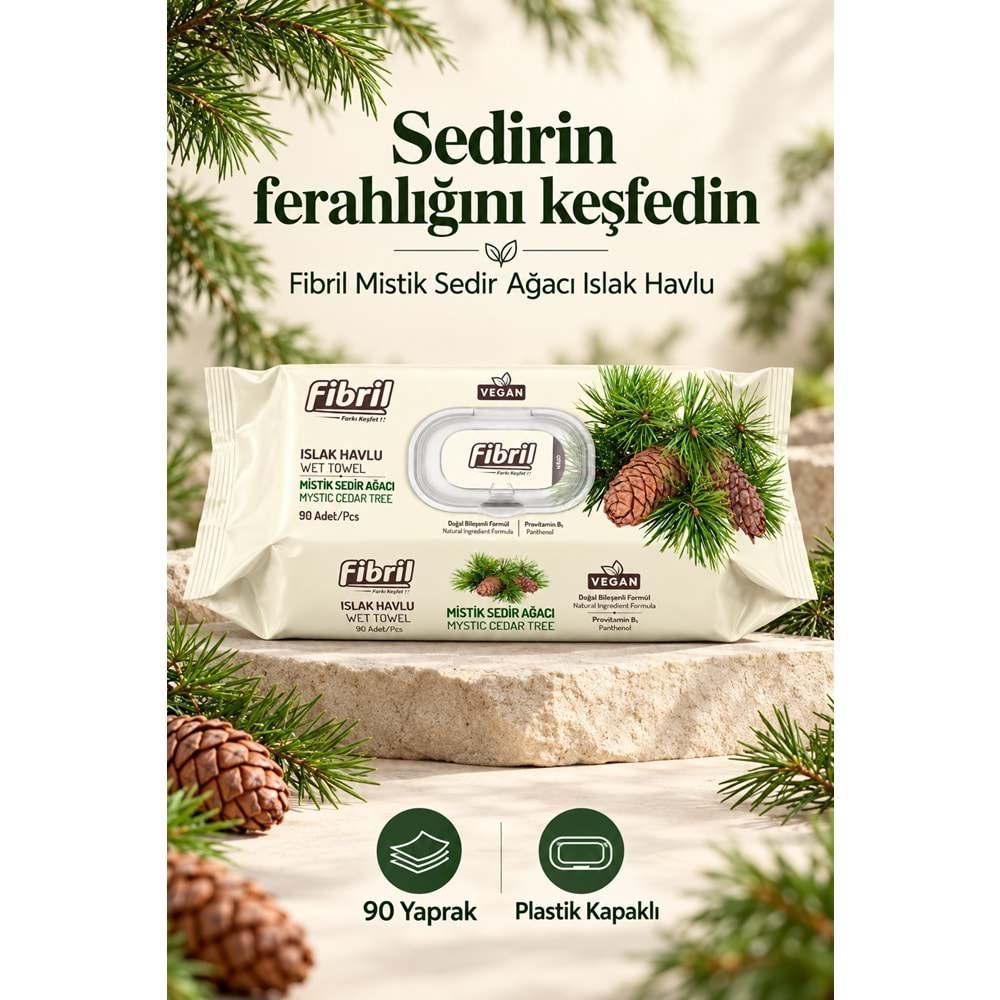 Fibril Islak Havlu Mendil 90 Yaprak Mistik Sedir Ağacı Plastik Kapaklı (5 Li Set) 450 Yaprak