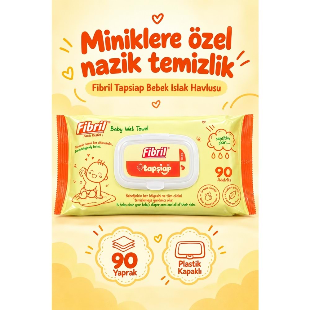 Fibril Islak Havlu Mendil 90 Yaprak Bebek Plastik Kapaklı (3 Lü Set) 270 Yaprak
