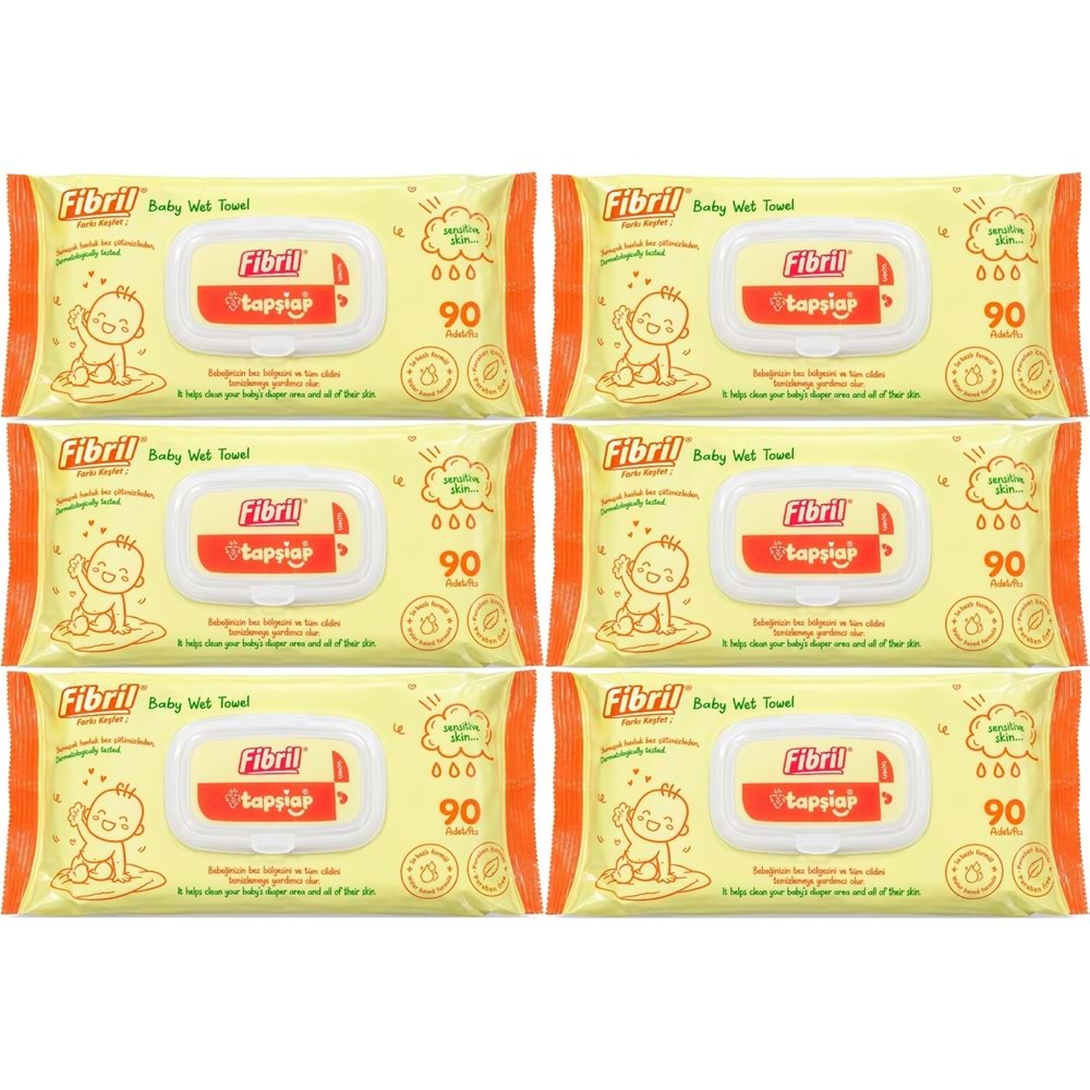 Fibril Islak Havlu Mendil 90 Yaprak Bebek Plastik Kapaklı (6 Lı Set) 540 Yaprak