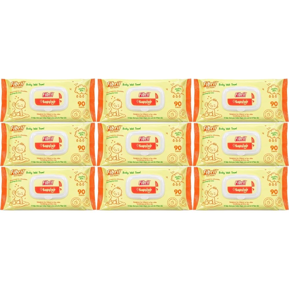 Fibril Islak Havlu Mendil 90 Yaprak Bebek Plastik Kapaklı (9 Lu Set) 810 Yaprak