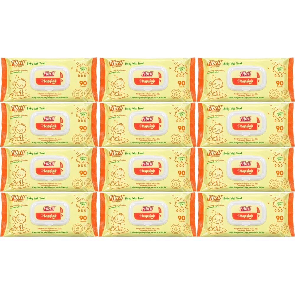 Fibril Islak Havlu Mendil 90 Yaprak Bebek Plastik Kapaklı (12 Li Set) 1080 Yaprak