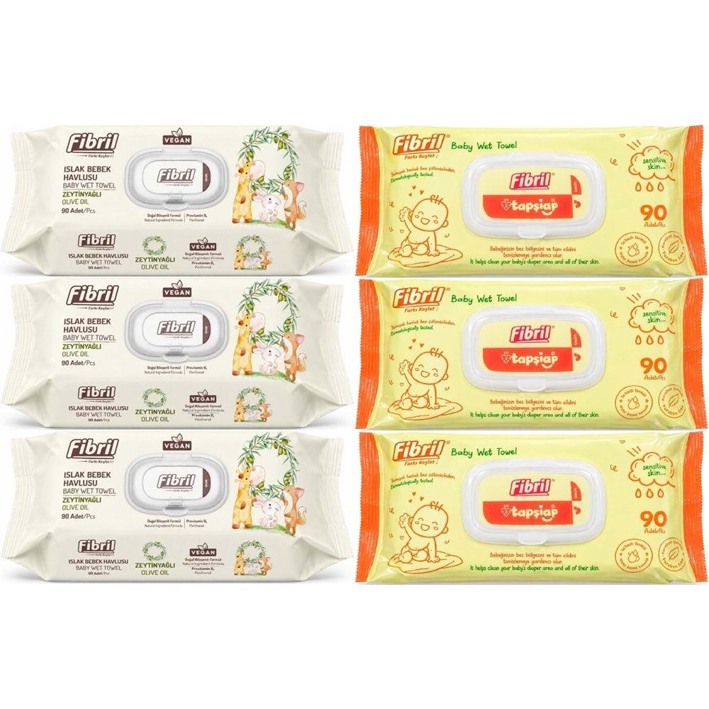 Fibril Islak Havlu Bebek Mendil 90 Yaprak Zeytinyağlı & Bebek (Karma 6 Lı Set) 540 Yaprak