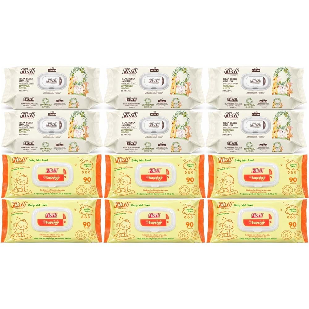 Fibril Islak Havlu Bebek Mendil 90 Yaprak Zeytinyağlı & Bebek (Karma 12 Li Set) 1080 Yaprak