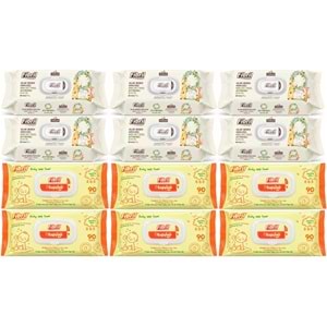 Fibril Islak Havlu Bebek Mendil 90 Yaprak Zeytinyağlı & Bebek (Karma 12 Li Set) 1080 Yaprak
