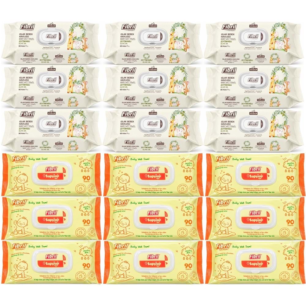Fibril Islak Havlu Bebek Mendil 90 Yaprak Zeytinyağlı & Bebek (Karma 18 Li Set) 1620 Yaprak