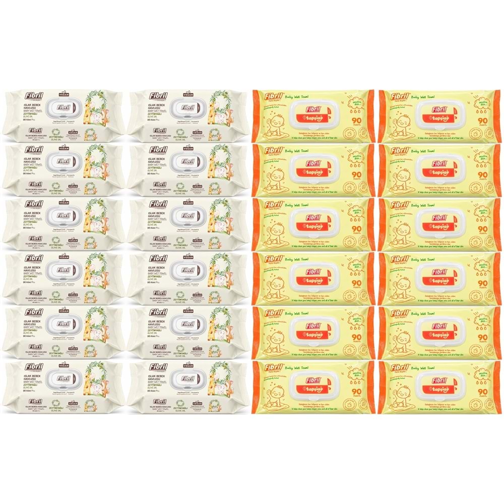 Fibril Islak Havlu Bebek Mendil 90 Yaprak Zeytinyağlı & Bebek (Karma 24 Lü Set) 2160 Yaprak