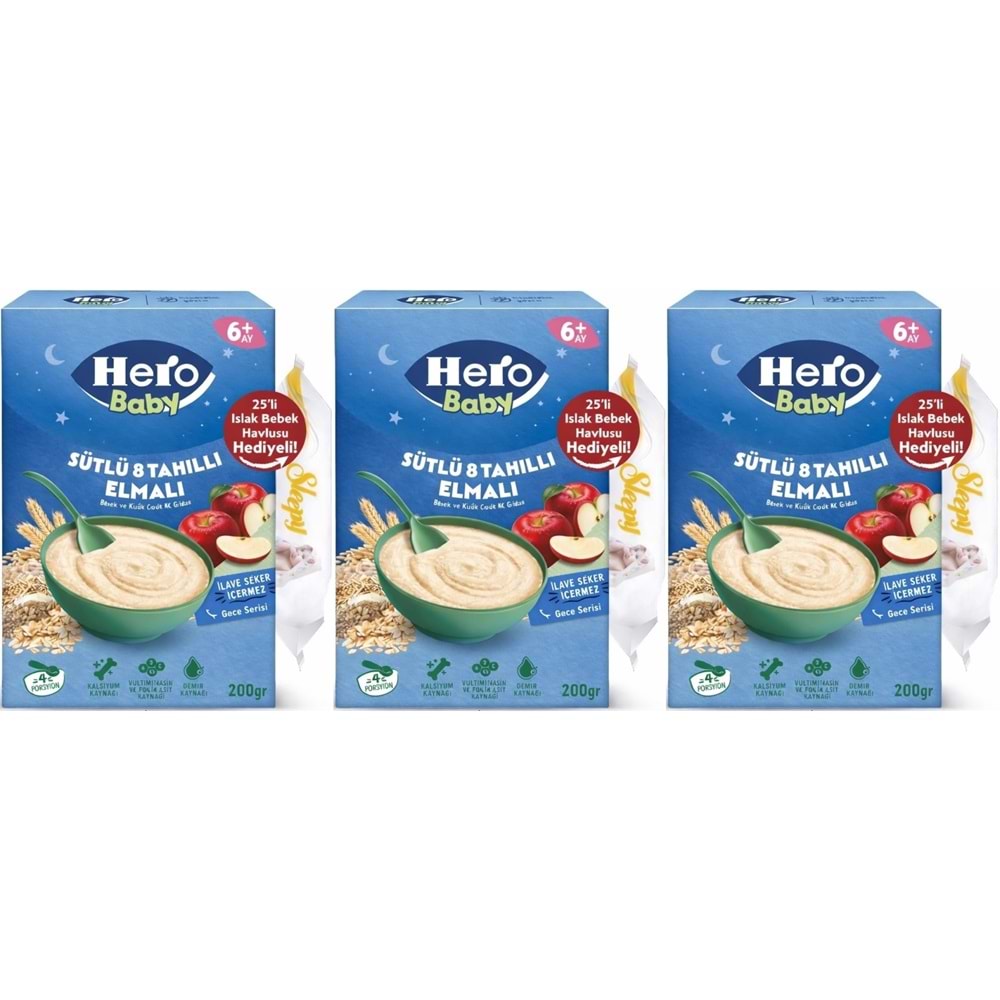 Hero Baby Kaşık Maması 200GR Gece Sütlü Elmalı 8 Tahıllı + Islak Mendil Hediye (3 Lü Set)