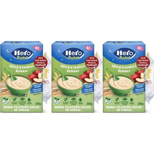 Hero Baby Kaşık Maması 200GR Gece Sütlü Elmalı 8 Tahıllı + Islak Mendil Hediye (3 Lü Set)