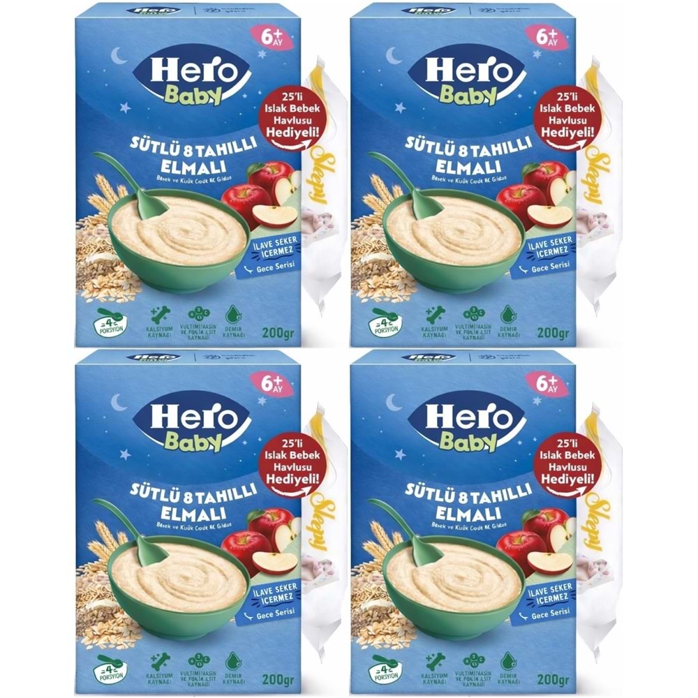 Hero Baby Kaşık Maması 200GR Gece Sütlü Elmalı 8 Tahıllı + Islak Mendil Hediye (4 Lü Set)