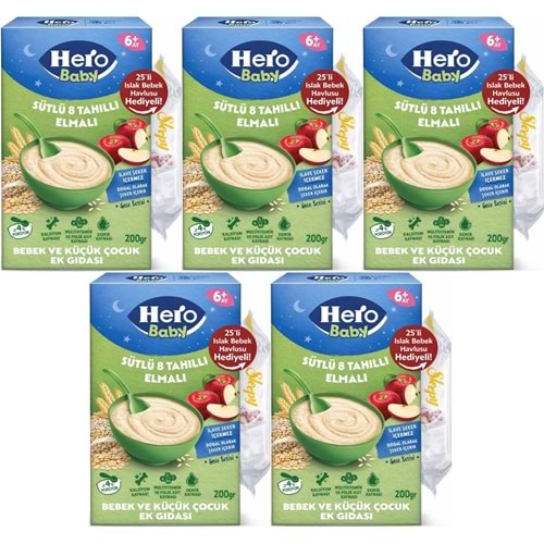 Hero Baby Kaşık Maması 200GR Gece Sütlü Elmalı 8 Tahıllı + Islak Mendil Hediye (5 Li Set)