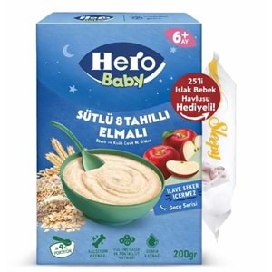 Hero Baby Kaşık Maması 200GR Gece Sütlü Elmalı 8 Tahıllı + Islak Mendil Hediye (5 Li Set)