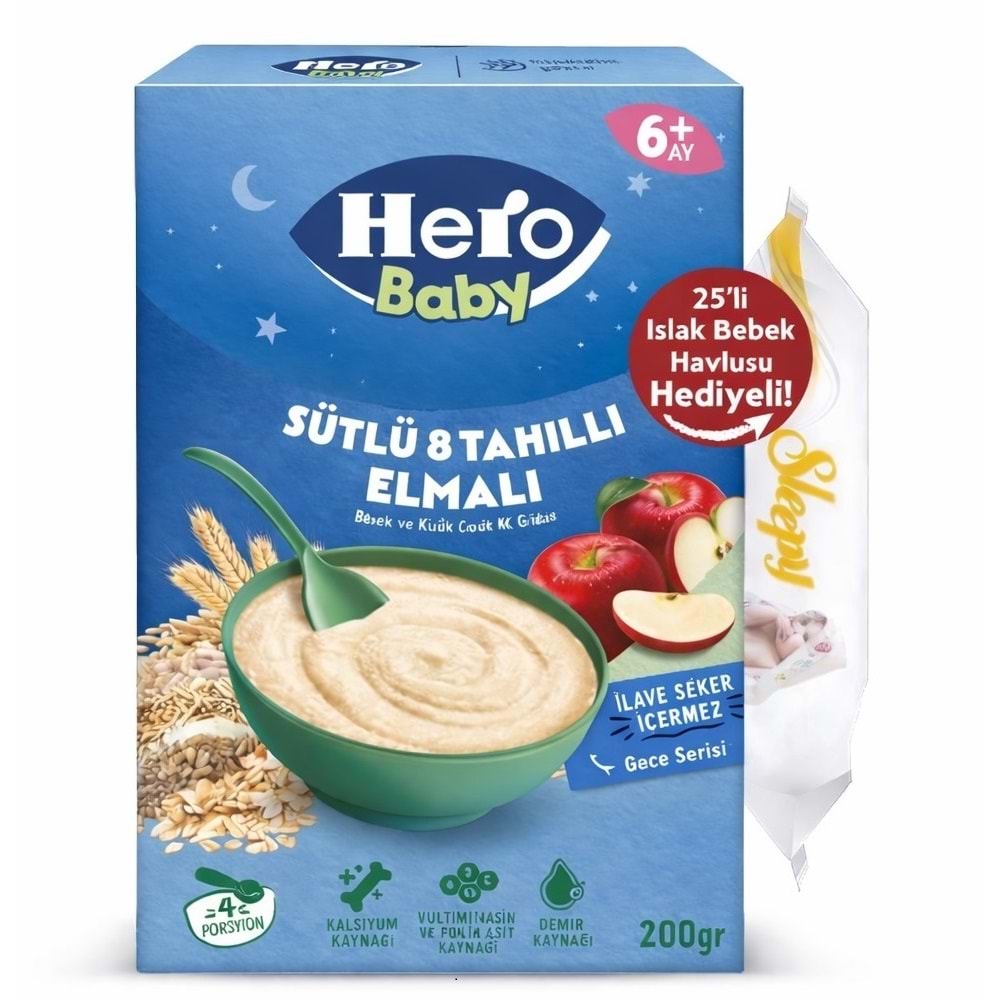 Hero Baby Kaşık Maması 200GR Gece Sütlü Elmalı 8 Tahıllı + Islak Mendil Hediye (6 Lı Set)
