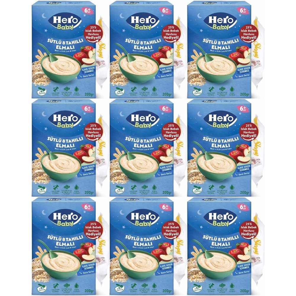 Hero Baby Kaşık Maması 200GR Gece Sütlü Elmalı 8 Tahıllı + Islak Mendil Hediye (9 Lu Set)