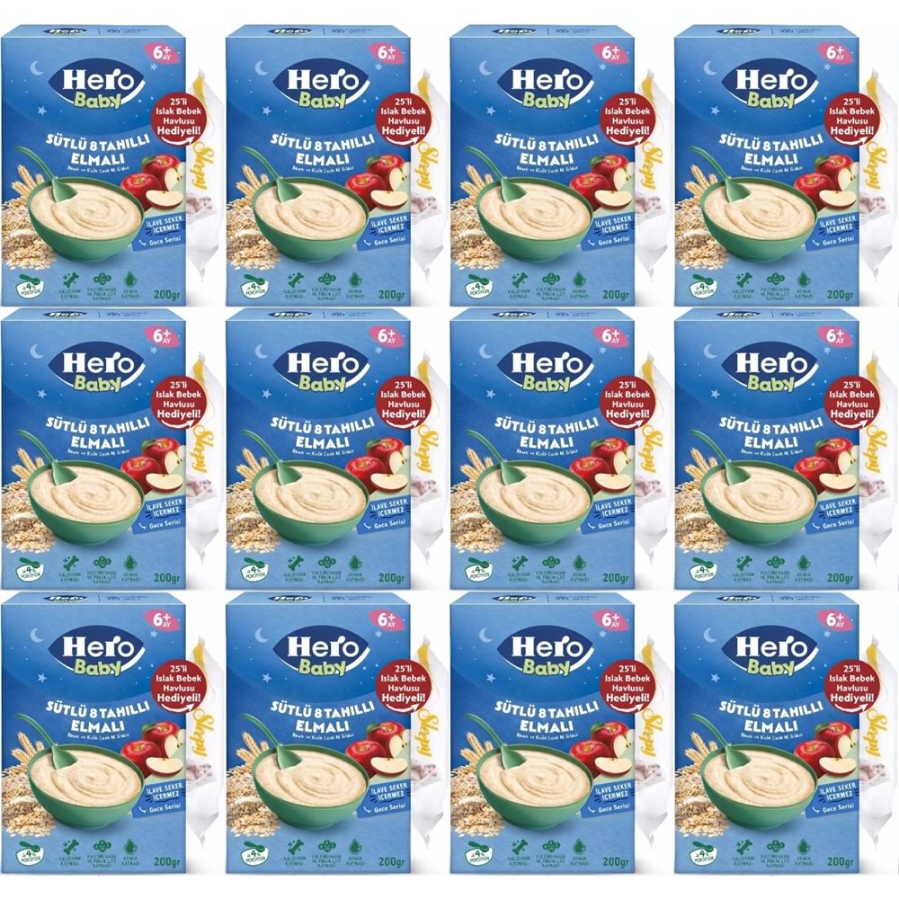 Hero Baby Kaşık Maması 200GR Gece Sütlü Elmalı 8 Tahıllı + Islak Mendil Hediye (12 Li Set)