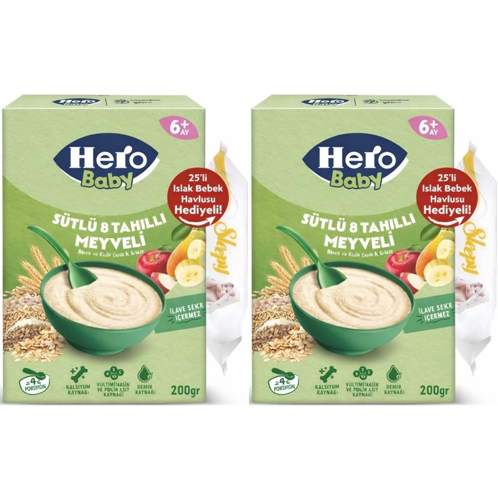 Hero Baby Kaşık Maması 200GR Sütlü 8 Tahıllı Meyveli + Islak Mendil Hediye (2 Li Set)