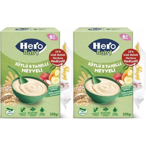 Hero Baby Kaşık Maması 200GR Sütlü 8 Tahıllı Meyveli + Islak Mendil Hediye (2 Li Set)