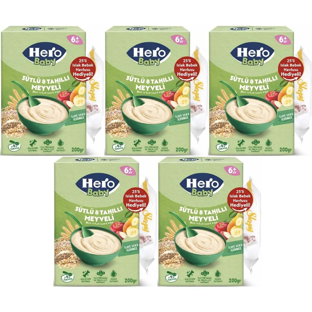 Hero Baby Kaşık Maması 200GR Sütlü 8 Tahıllı Meyveli + Islak Mendil Hediye (5 Li Set)