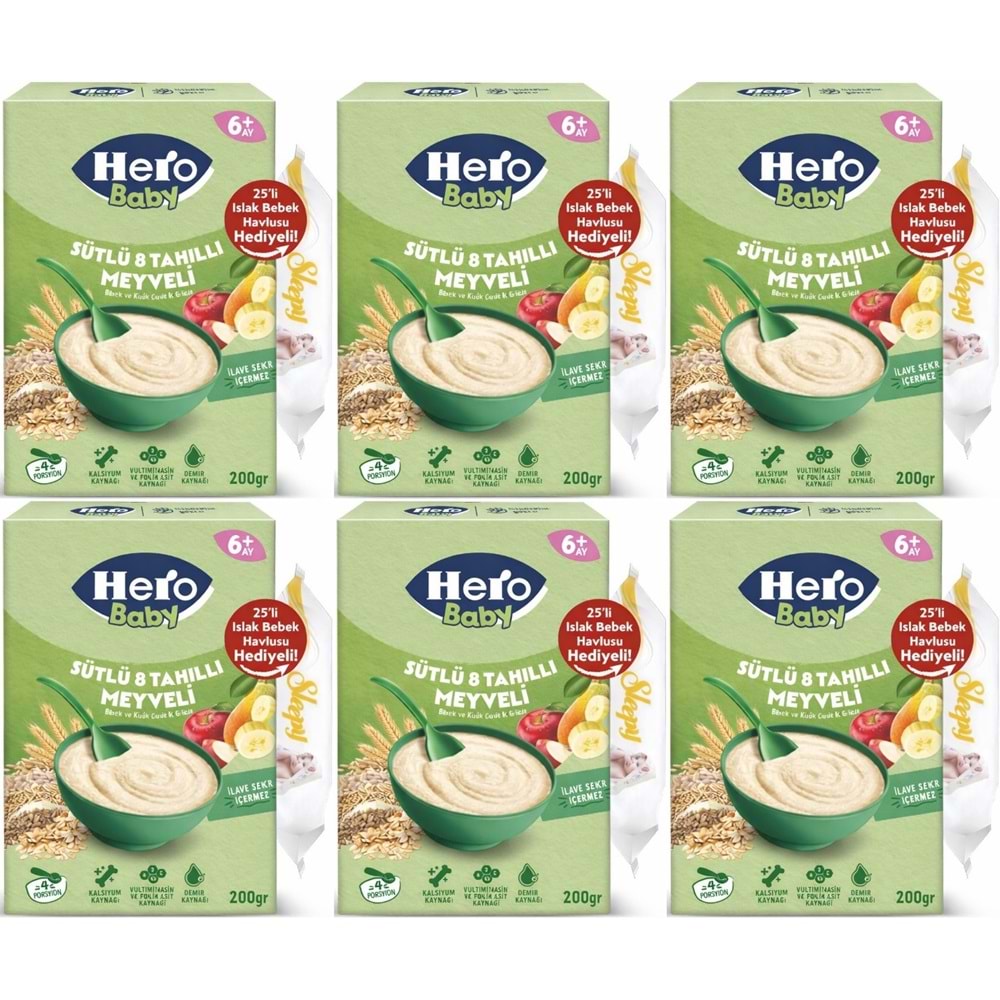 Hero Baby Kaşık Maması 200GR Sütlü 8 Tahıllı Meyveli + Islak Mendil Hediye (6 Lı Set)