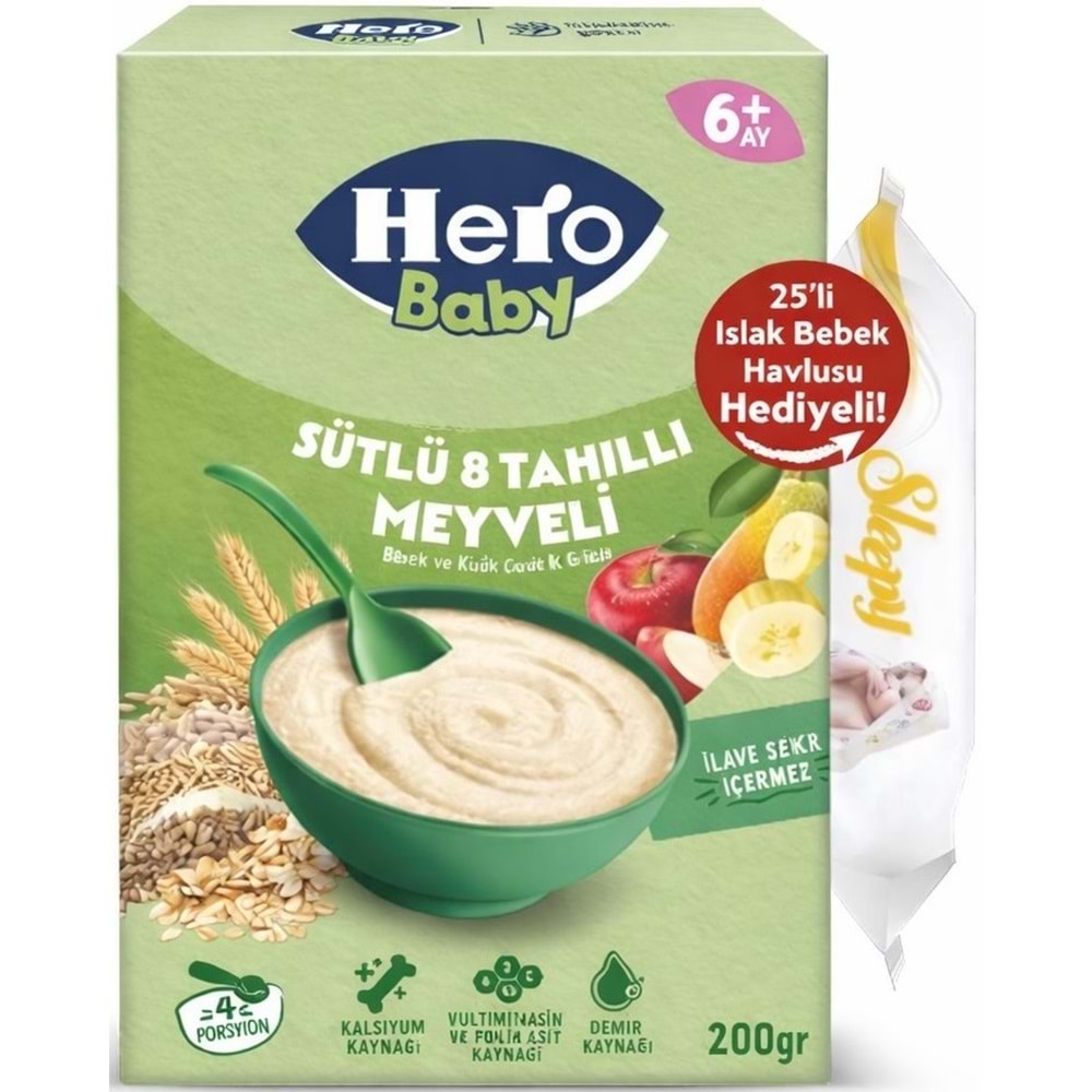 Hero Baby Kaşık Maması 200GR Sütlü 8 Tahıllı Meyveli + Islak Mendil Hediye (6 Lı Set)