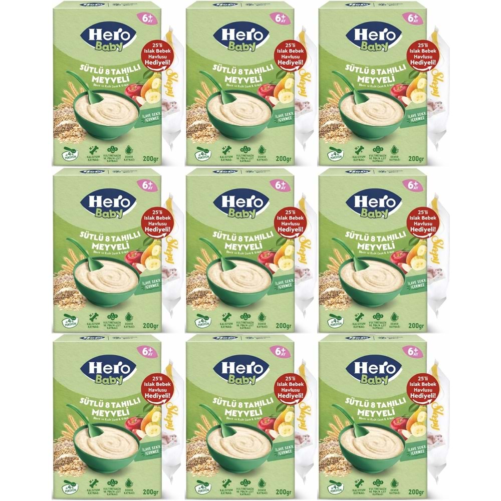 Hero Baby Kaşık Maması 200GR Sütlü 8 Tahıllı Meyveli + Islak Mendil Hediye (9 Lu Set)