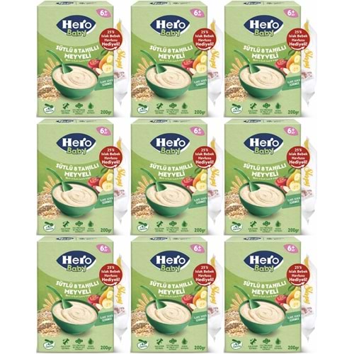 Hero Baby Kaşık Maması 200GR Sütlü 8 Tahıllı Meyveli + Islak Mendil Hediye (9 Lu Set)