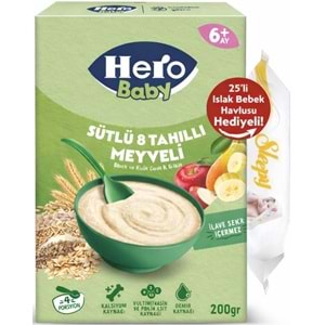 Hero Baby Kaşık Maması 200GR Sütlü 8 Tahıllı Meyveli + Islak Mendil Hediye (9 Lu Set)