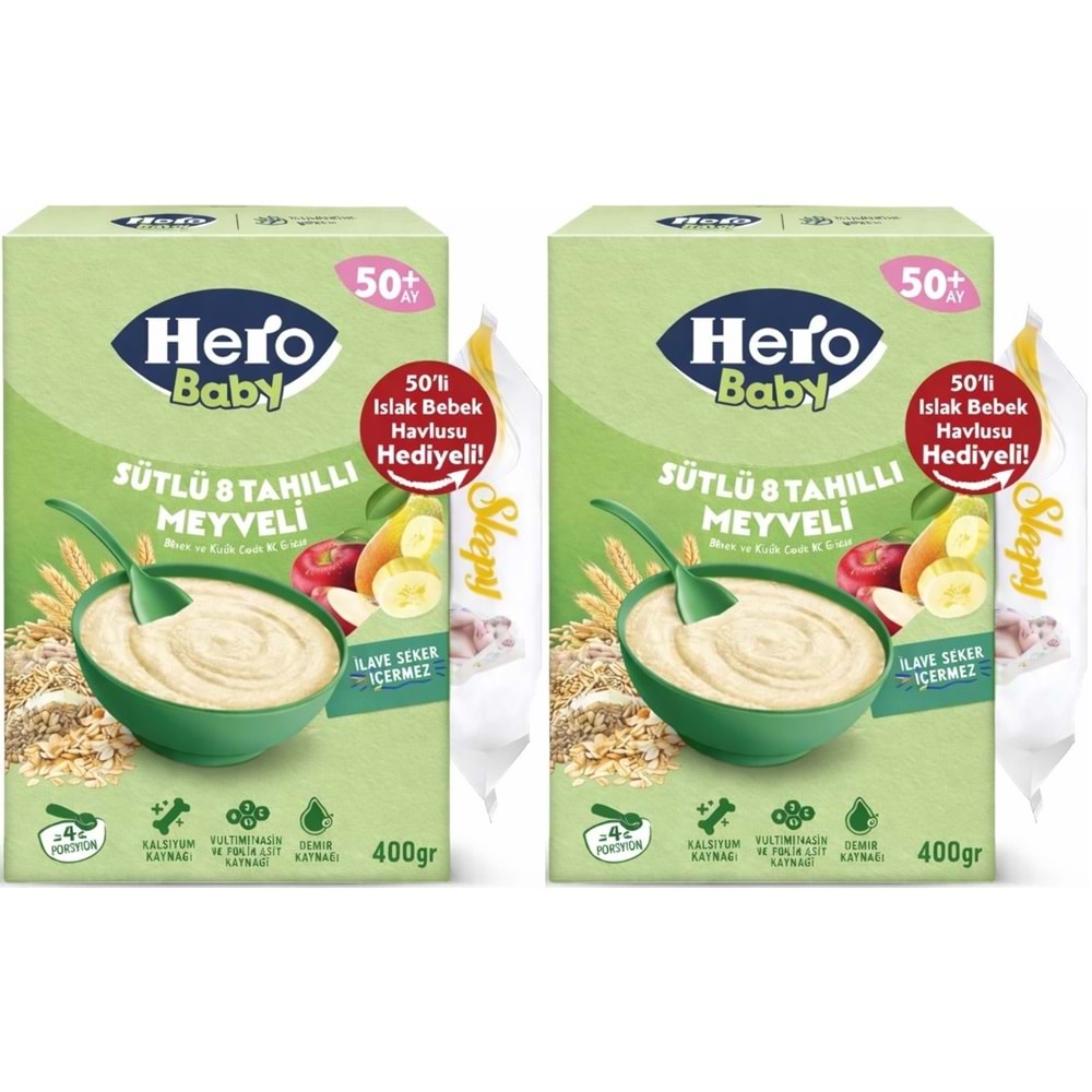 Hero Baby Kaşık Maması 400GR Sütlü 8 Tahıllı Meyveli + Islak Mendil Hediye (2 Li Set)