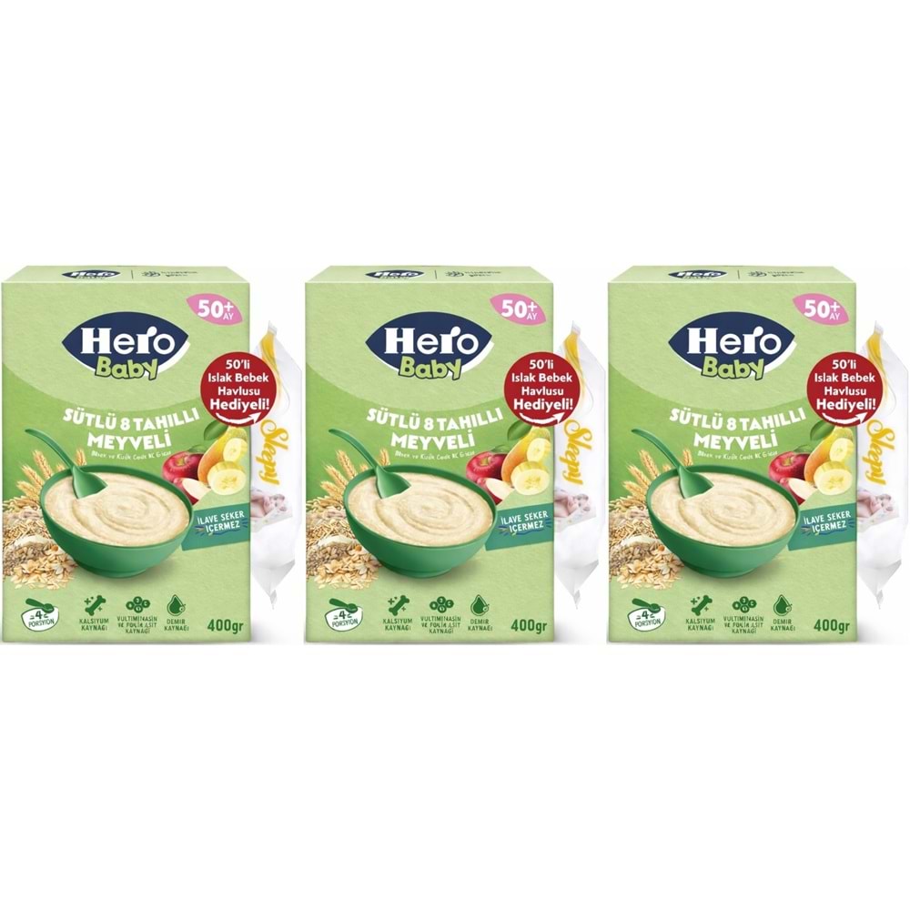 Hero Baby Kaşık Maması 400GR Sütlü 8 Tahıllı Meyveli + Islak Mendil Hediye (3 Lü Set)