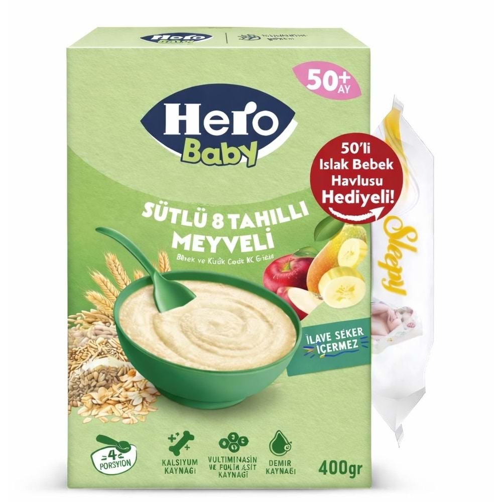 Hero Baby Kaşık Maması 400GR Sütlü 8 Tahıllı Meyveli + Islak Mendil Hediye (3 Lü Set)