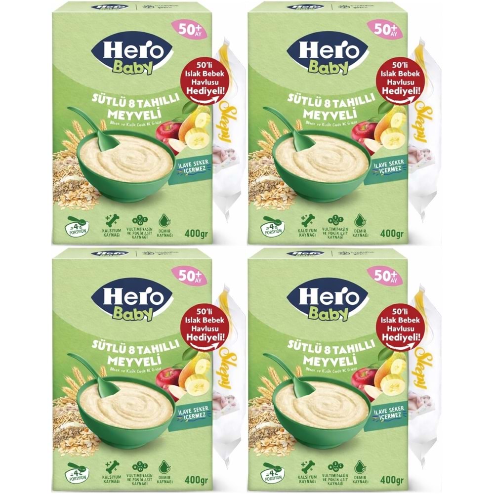 Hero Baby Kaşık Maması 400GR Sütlü 8 Tahıllı Meyveli + Islak Mendil Hediye (4 Lü Set)