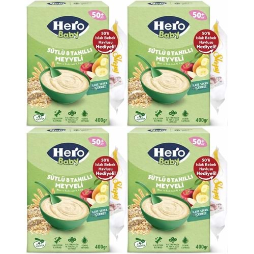 Hero Baby Kaşık Maması 400GR Sütlü 8 Tahıllı Meyveli + Islak Mendil Hediye (4 Lü Set)