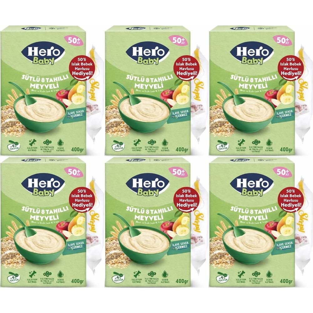 Hero Baby Kaşık Maması 400GR Sütlü 8 Tahıllı Meyveli + Islak Mendil Hediye (6 Lı Set)