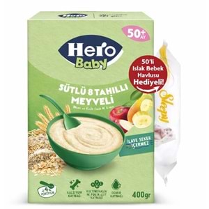 Hero Baby Kaşık Maması 400GR Sütlü 8 Tahıllı Meyveli + Islak Mendil Hediye (6 Lı Set)