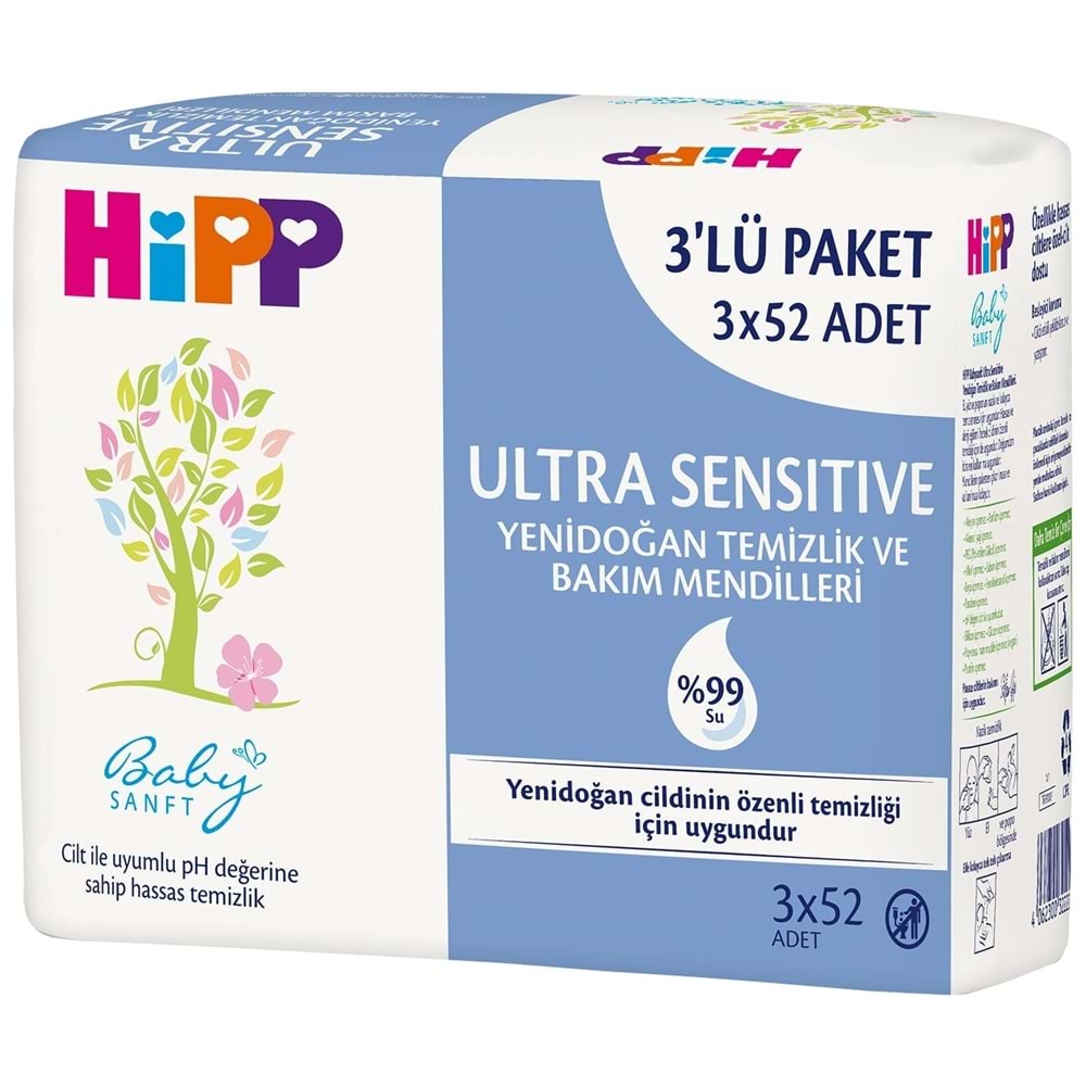 Hipp Baby Sanft Islak Havlu Mendil 52 Yaprak Ultra Sensitive Yenidoğan 36Lı Set (12PK*3) 1872 Yaprak