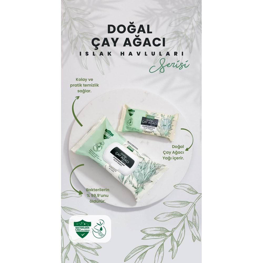 Komili Islak Havlu Mendil 50 Yaprak (3 Lü Set) Çay Ağacı Serisi Antibakteriyel (150 Yaprak)