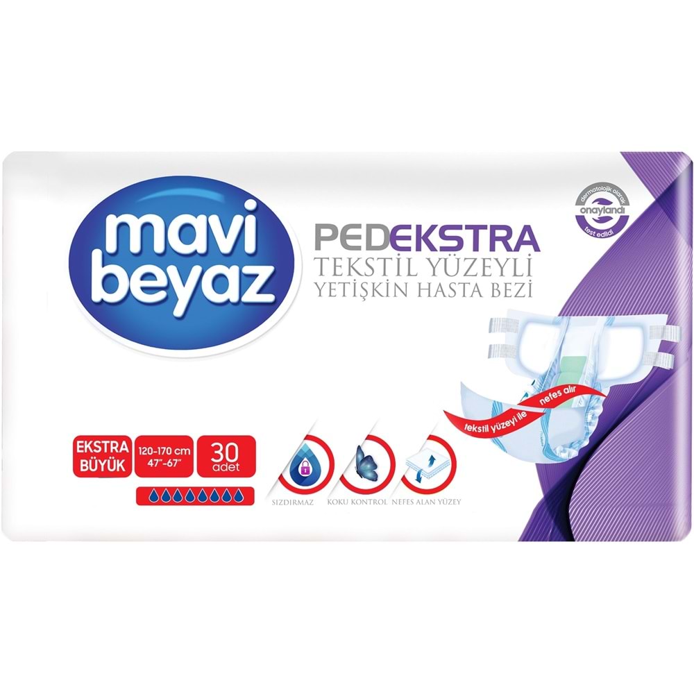 Mavi Beyaz Ped Ekstra Tekstil Yüzeyli Yetişkin Bel Bantlı Hasta Bezi XL Ekstra Büyük 60 Adet