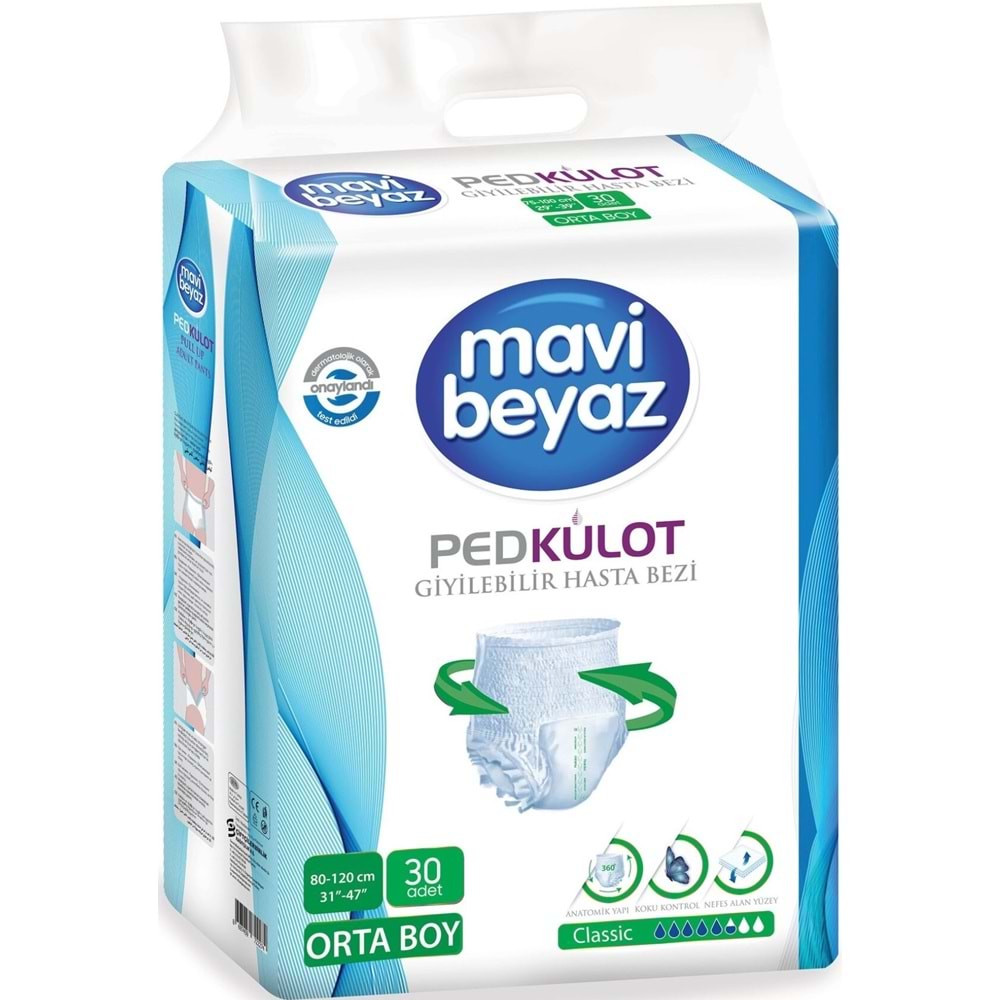 Mavi Beyaz Ped Emici Külot Yetişkin Bezi M -Medium Orta 120 Adet + Yatak Koruyucu Örtü 60*90CM 60Adt