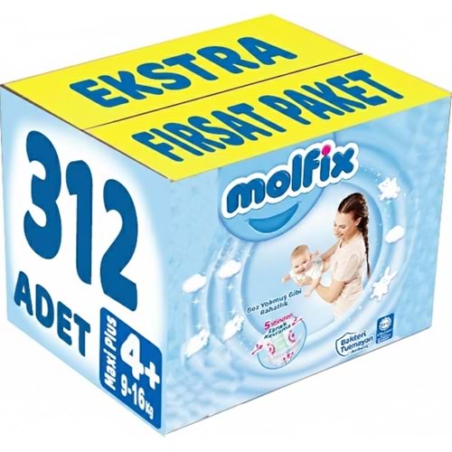Molfix Bebek Bezi Beden:4+ (9-16Kg) Maxi Plus 312 Adet Ekstra Fırsat Pk