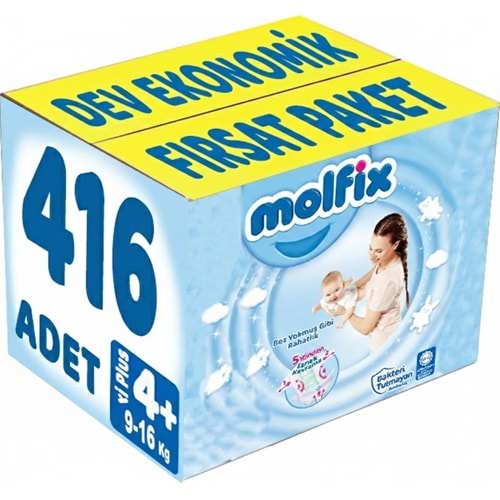 Molfix Bebek Bezi Beden:4+ (9-16Kg) Maxi Plus 416 Adet Dev Ekonomik Fırsat Pk