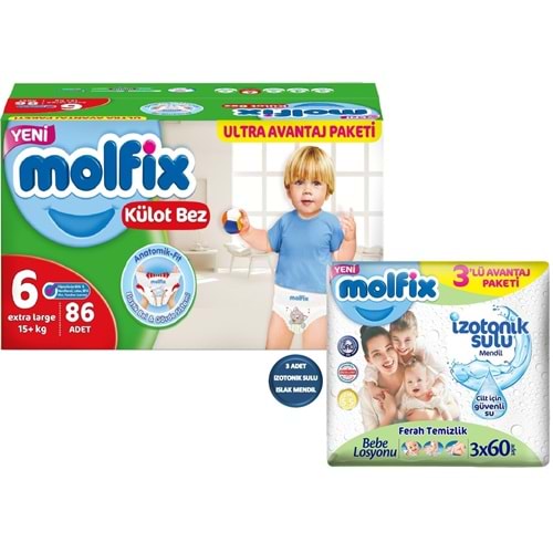 Molfix Külot Bebek Bezi 6 Beden 15+ KG Extra Large 86 Adet Ultra Avantaj Pk + 3 Adet Islak Mendil