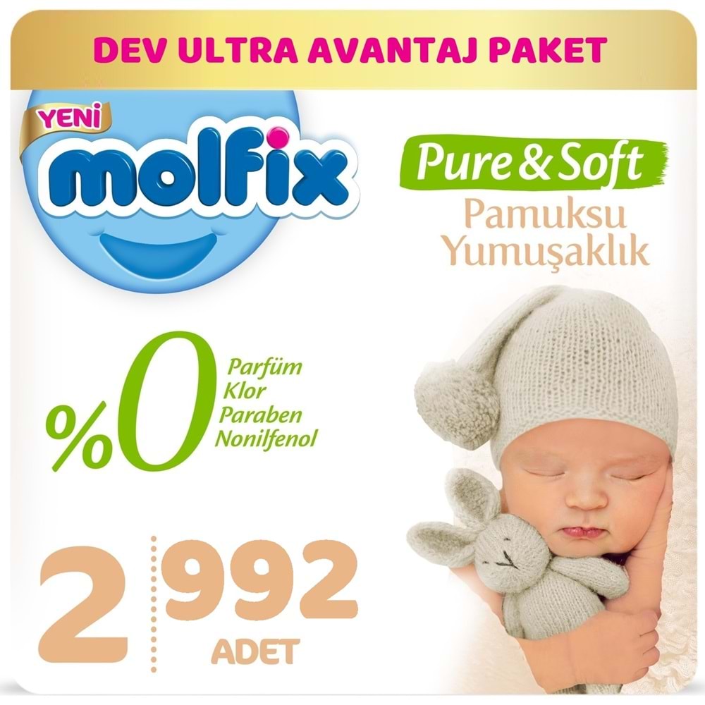 Molfix Pure&Soft Bebek Bezi Beden:2 (3-6Kg) Mini 992 Adet Dev Ultra Avantaj Pk