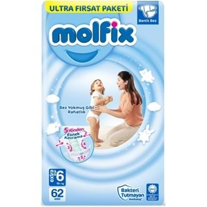 Molfix Bebek Bezi Beden:6 (15+Kg) Extra Large 124 Adet Ekonomik Ultra Fırsat Pk+6 Adet Islak Mendil