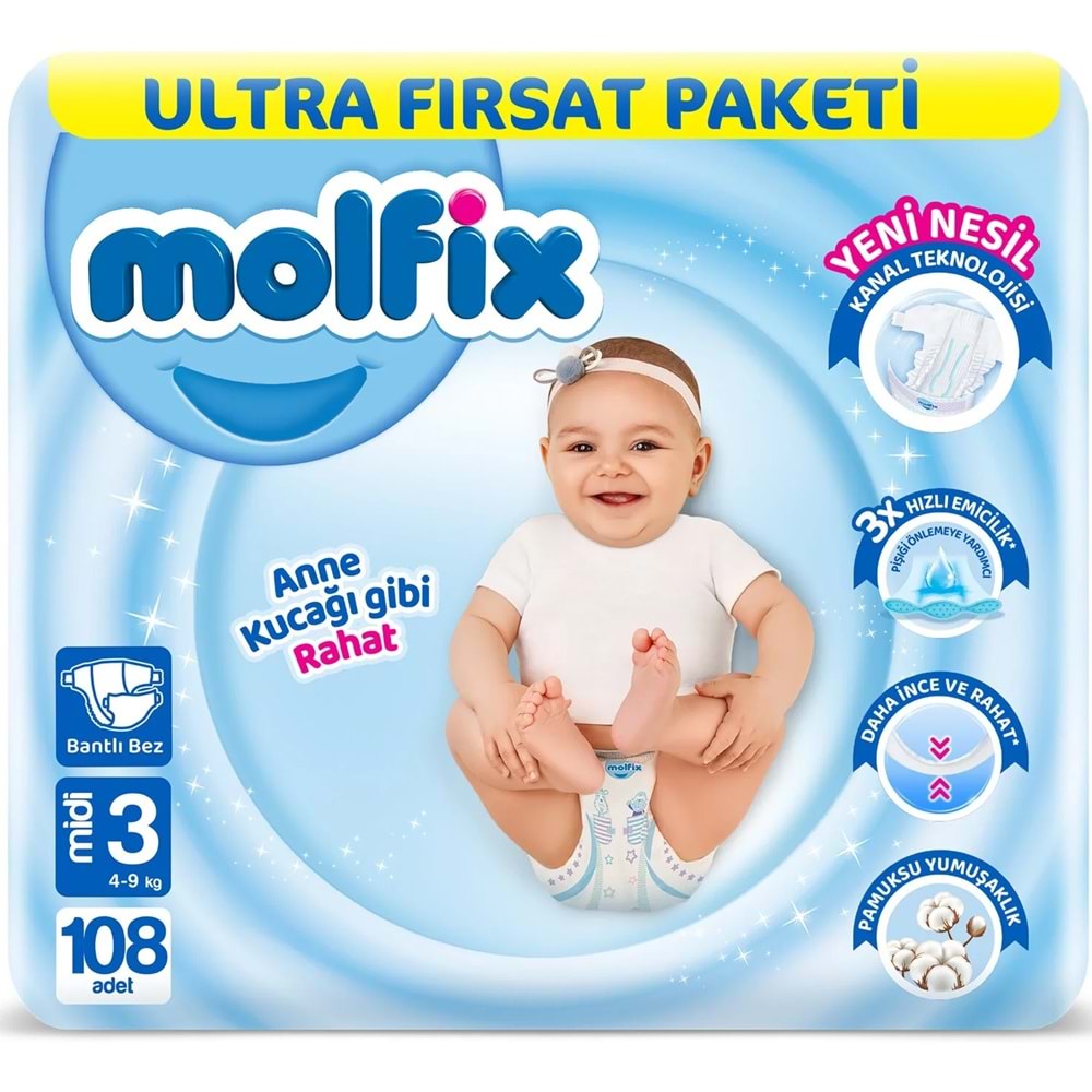 Molfix Bebek Bezi Beden:3 (4-9Kg) Midi 324 Adet Aylık Ultra Fırsat Pk