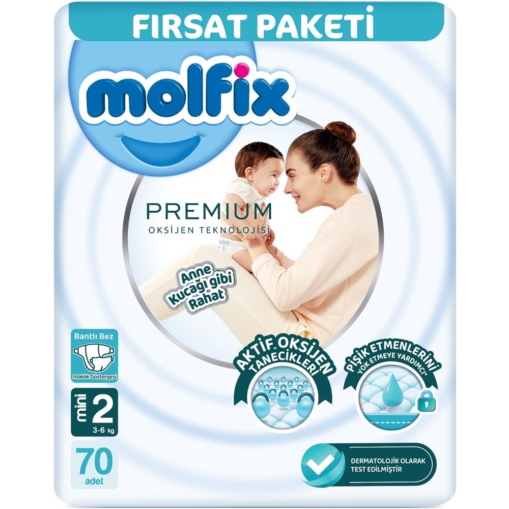 Molfix Premium Bebek Bezi Beden:2 (3-6KG) Mini 140 Ad Ekonomik Ultra Fırsat Pk+ 3 Adet Islak Mendil
